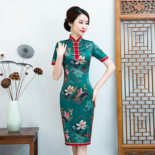 CX-春季新款修身显瘦旗袍连衣裙五排珠立领时尚改良旗袍 商品图4