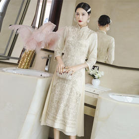 YFN-19522民族风改良旗袍气质优雅中长款复古晚宴礼服连衣裙