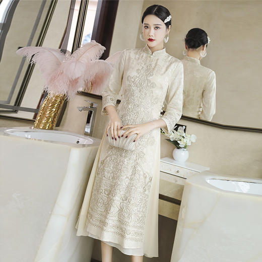 YFN-19522民族风改良旗袍气质优雅中长款复古晚宴礼服连衣裙 商品图0