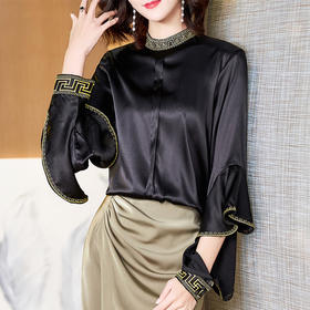 NYT-YR040春夏新款时尚刺绣立领真丝弹力缎衬衣