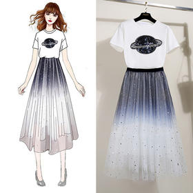 【小众连衣裙】女装亮片T恤渐变网纱半身裙子两件套