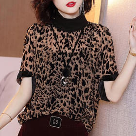 HT-1378 金丝绒豹纹上衣女2020春秋季新款时尚百搭气质高领中袖宽松显瘦T恤