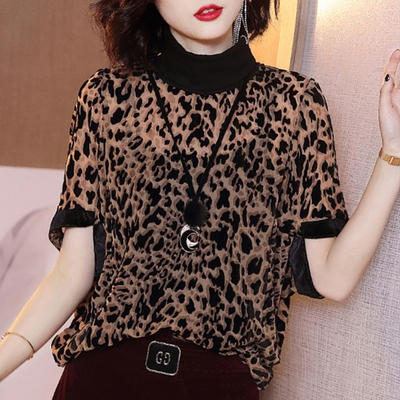 HT-1378 金丝绒豹纹上衣女2020春秋季新款时尚百搭气质高领中袖宽松显瘦T恤 商品图0