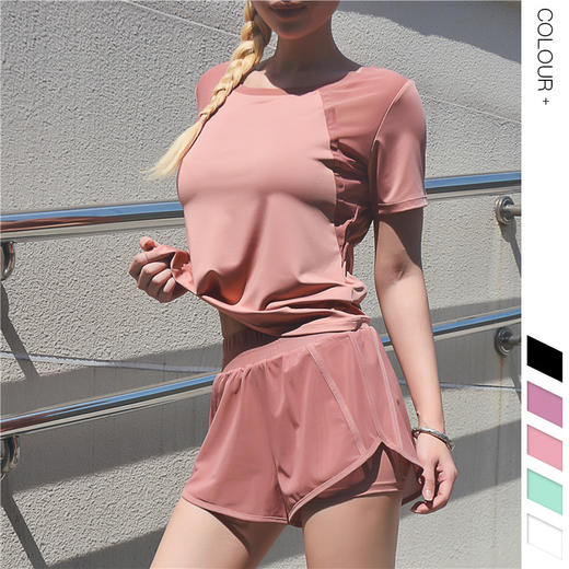 【专业运动款瑜伽服】新款高弹网纱拼接宽松瑜伽服 欧美透气速干健身运动短袖短裤套装 商品图2