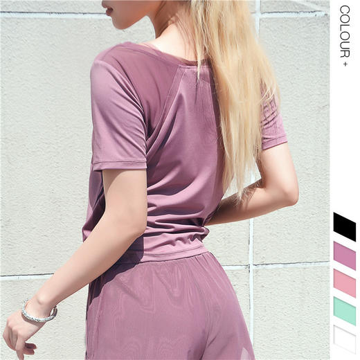 【专业运动款瑜伽服】新款高弹网纱拼接宽松瑜伽服 欧美透气速干健身运动短袖短裤套装 商品图1