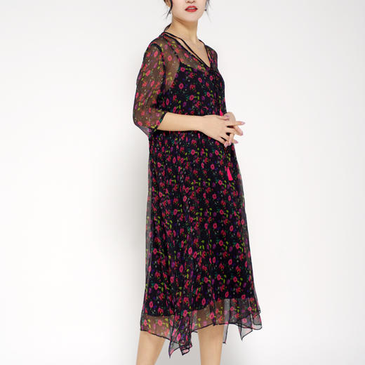 丁摩 真丝连衣裙飘逸流苏印花时尚碎花桑蚕丝连衣裙20-84DA499 商品图1