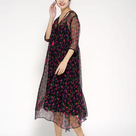 丁摩 真丝连衣裙飘逸流苏印花时尚碎花桑蚕丝连衣裙20-84DA499
