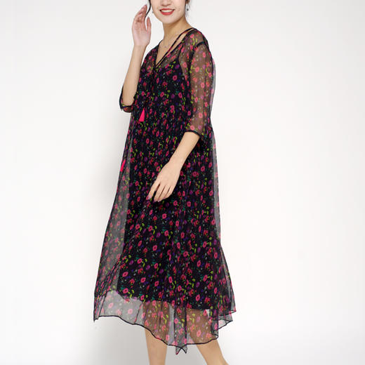 丁摩 真丝连衣裙飘逸流苏印花时尚碎花桑蚕丝连衣裙20-84DA499 商品图0