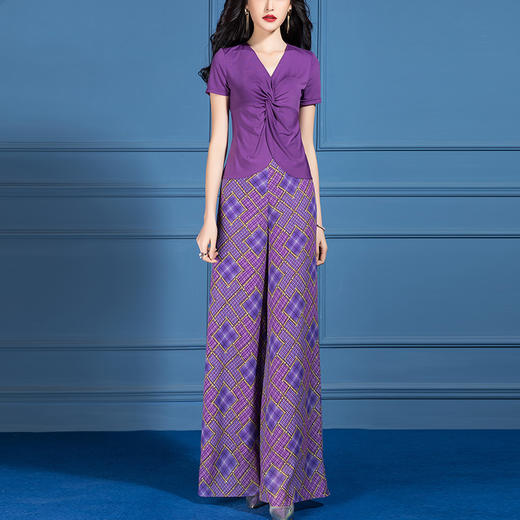 SSGS-41981春夏新款V领蝴蝶褶皱收腰显瘦针织雪纺两件套 商品图0