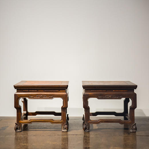 清代  红木镶瘿木面方形几摆件（一对） 商品图0