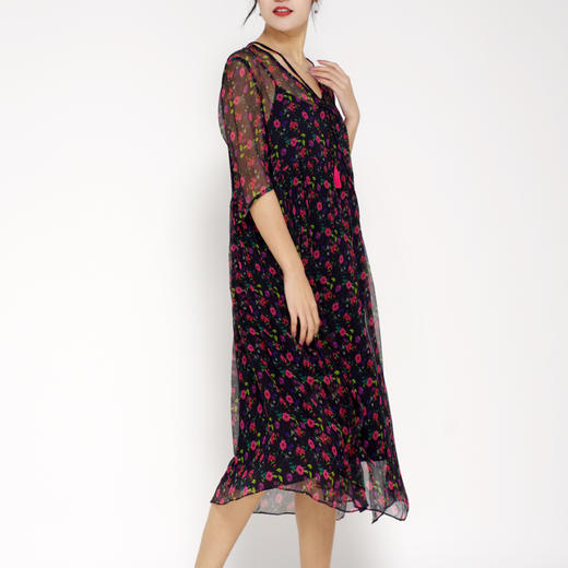 丁摩 真丝连衣裙飘逸流苏印花时尚碎花桑蚕丝连衣裙20-84DA499 商品图3