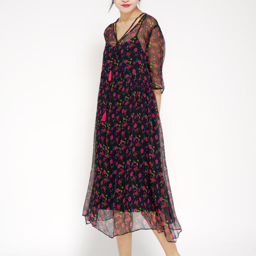 丁摩 真丝连衣裙飘逸流苏印花时尚碎花桑蚕丝连衣裙20-84DA499 商品图4