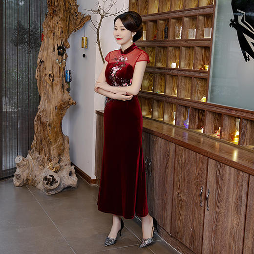 BJ-0301气质长款中国风红色高端旗袍改良版连衣裙 商品图0