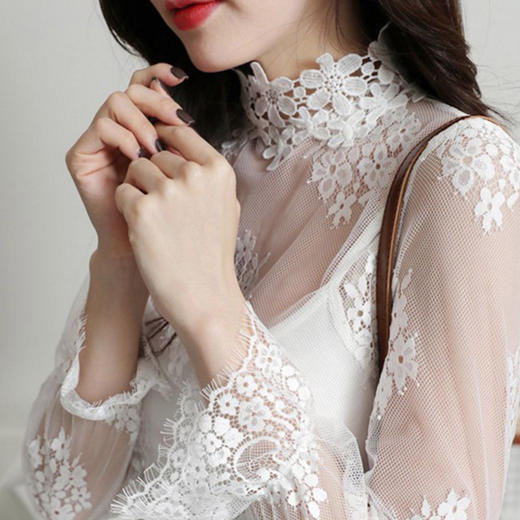 【打底衫女长袖内搭网纱】春季女装白色蕾丝大码透明镂空上衣 商品图0