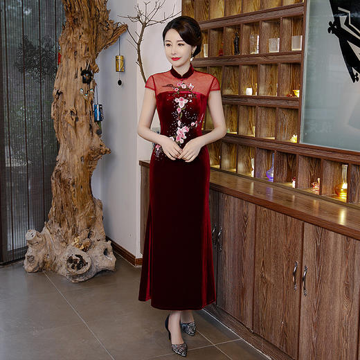 BJ-0301气质长款中国风红色高端旗袍改良版连衣裙 商品图2