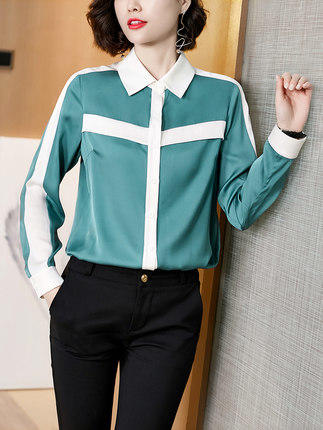 GG  79615拼色重磅缎面双乔时尚桑蚕丝上衣衬衣 商品图0