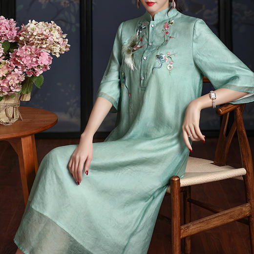 KDS-1136春季新款民族风天丝棉刺绣宽松禅意中长款连衣裙 商品图1