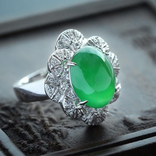 派瑞翡翠 18K金翡翠戒指 玻璃种 满绿 商品图0