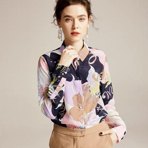 丁摩 新款真丝衬衫时尚长袖衬衫印花修身桑蚕丝衬衫20-149HS-DS399 商品图0