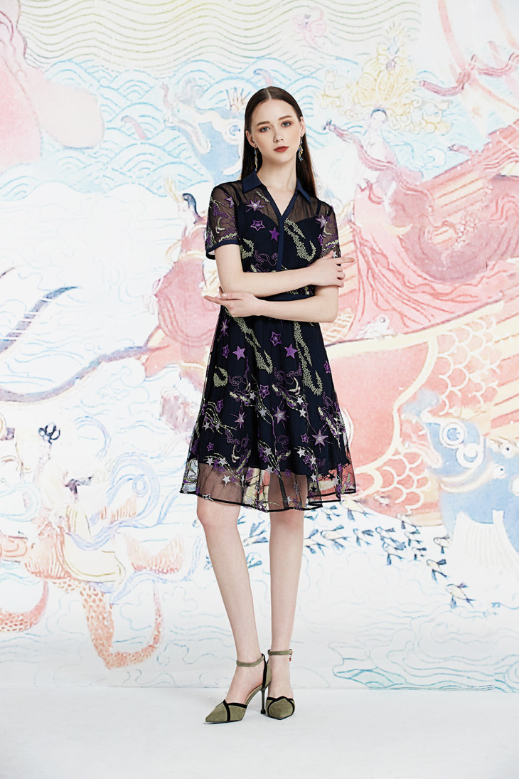 2s5942青莲色连衣裙众灵杂沓lsf