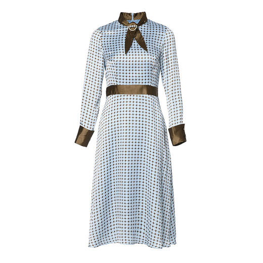 BHS-020104099新款气质名媛中长款拼接撞色立领飘带波点连衣裙 商品图4