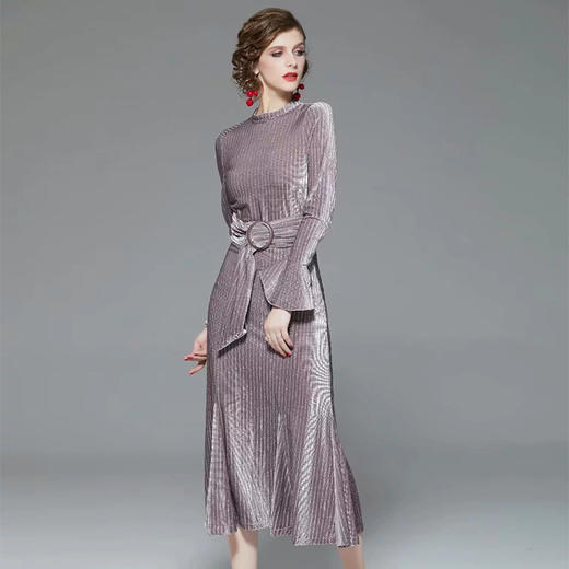 BHS-020104055春秋新款品质喇叭袖中长款丝绒条纹收腰修身鱼尾裙 商品图1