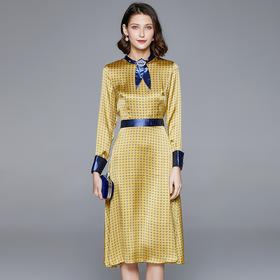 BHS-020104099新款气质名媛中长款拼接撞色立领飘带波点连衣裙