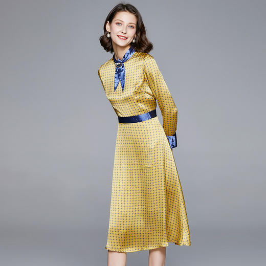 BHS-020104099新款气质名媛中长款拼接撞色立领飘带波点连衣裙 商品图1