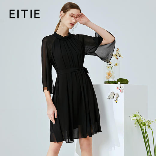 EITIE爱特爱夏季新款时尚简约网纱拼接收腰圆领连衣裙女薄款5907673 商品图1