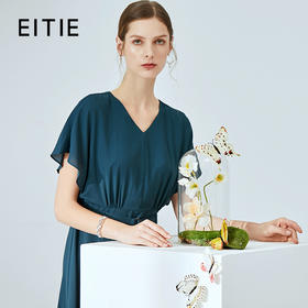 EITIE爱特爱夏季新款简约通勤V领连接荷叶袖收腰连衣裙女中长59076118