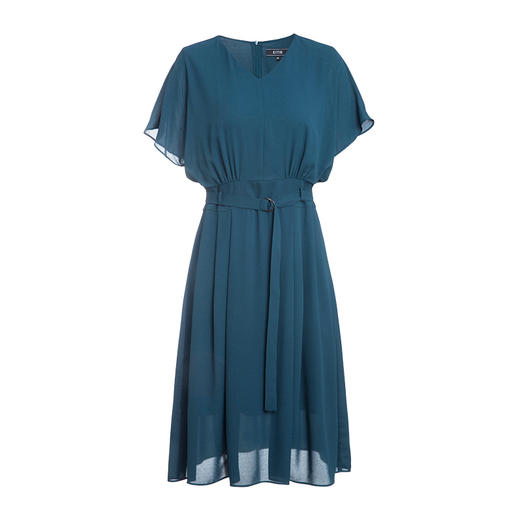 EITIE爱特爱夏季新款简约通勤V领连接荷叶袖收腰连衣裙女中长59076118 商品图4