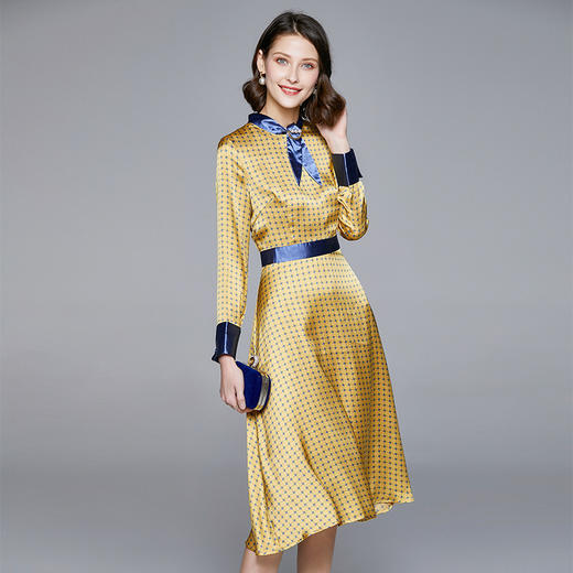 BHS-020104099新款气质名媛中长款拼接撞色立领飘带波点连衣裙 商品图2