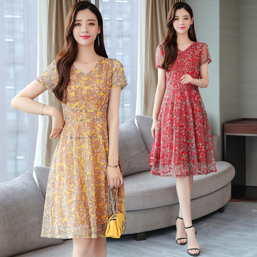 NRJ-8972新款早春流行气质中长款碎花收腰雪纺连衣裙 商品图0