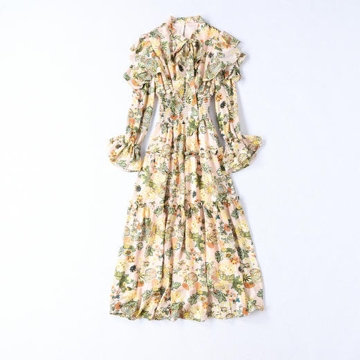 DES-2au0407春夏新款喇叭袖漏肩印花飘带收腰显瘦中长款大摆连衣裙 商品图4