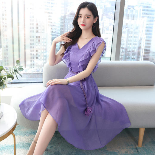 LJY-Y8932-0408夏季新款时尚潮流显瘦无袖木耳边雪纺连衣裙 商品图3