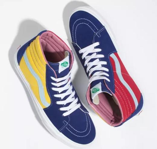 VANS范斯SK8-HI鸳鸯红黄蓝三色拼接 四色拼接 粉蓝绿黄 蓝黑绿黄 高帮男鞋休闲板鞋 官方货号VN0A4U3CWNY 尺码35-44 商品图0