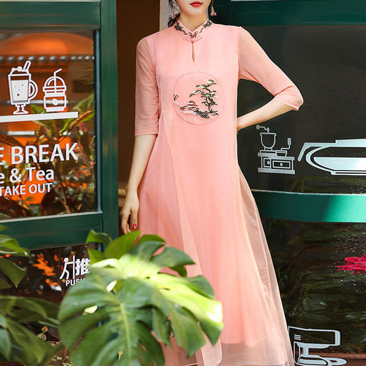 KDS-1138春夏新款立领宽松禅意茶服A字绣花连衣裙 商品图1