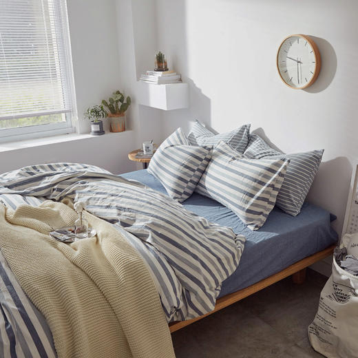 老米优品 /清新养眼的无印日式水洗棉 彩条四件套 全棉条纹床品SJT200315L 商品图3