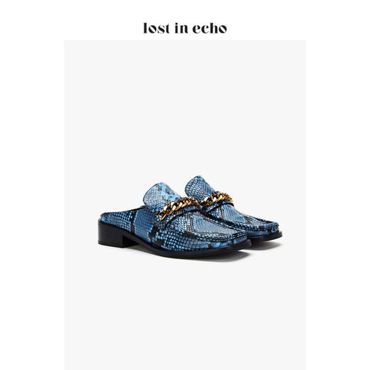 【微瑕疵不退不换】lost in echo 2020SS低跟 设计师女鞋链条方头乐福拖鞋蓝黑蛇纹 商品图1