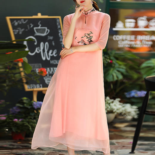 KDS-1138春夏新款立领宽松禅意茶服A字绣花连衣裙 商品图0