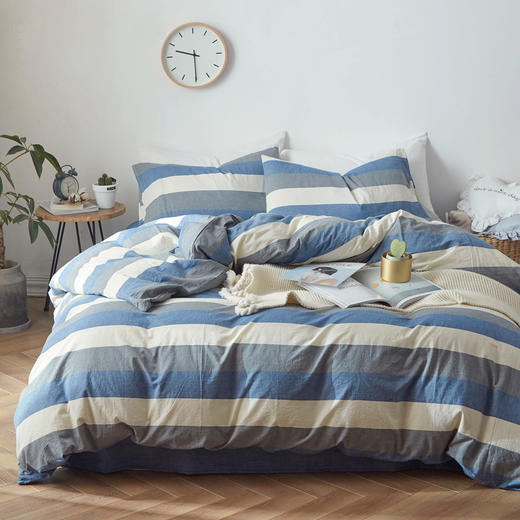 老米优品 /清新养眼的无印日式水洗棉 彩条四件套 全棉条纹床品SJT200315L 商品图8