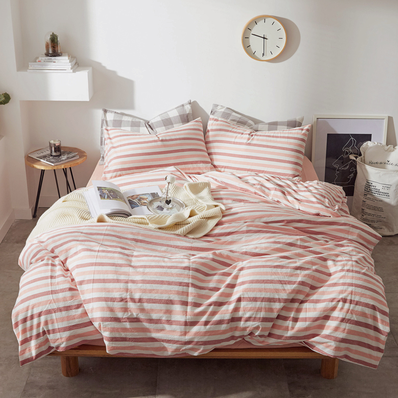 老米优品 /清新养眼的无印日式水洗棉 彩条四件套 全棉条纹床品SJT200315L