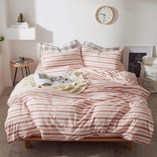 老米优品 /清新养眼的无印日式水洗棉 彩条四件套 全棉条纹床品SJT200315L 商品图0