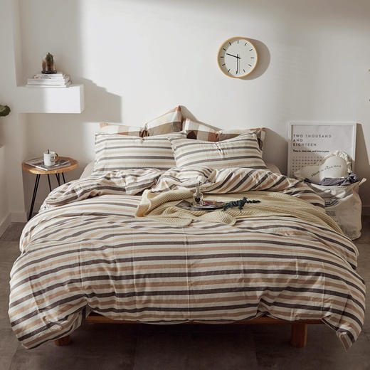 老米优品 /清新养眼的无印日式水洗棉 彩条四件套 全棉条纹床品SJT200315L 商品图4