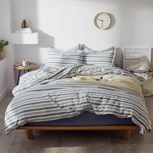 老米优品 /清新养眼的无印日式水洗棉 彩条四件套 全棉条纹床品SJT200315L 商品图2