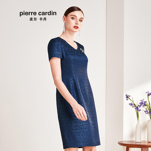 皮尔卡丹女季新款蓝色短袖V领连衣裙纯色包臀裙P0217DS27N0
 商品图1