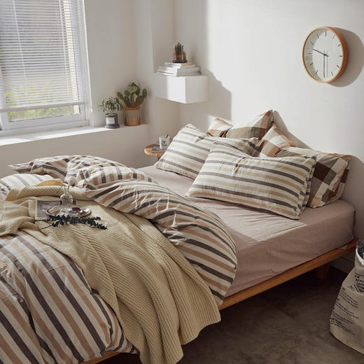 老米优品 /清新养眼的无印日式水洗棉 彩条四件套 全棉条纹床品SJT200315L 商品图5