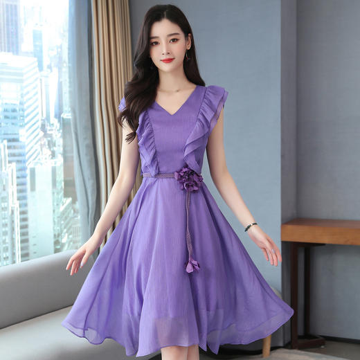 LJY-Y8932-0408夏季新款时尚潮流显瘦无袖木耳边雪纺连衣裙 商品图0