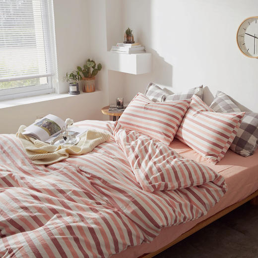 老米优品 /清新养眼的无印日式水洗棉 彩条四件套 全棉条纹床品SJT200315L 商品图1
