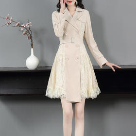 DES-2au0404春装新款西服领双排扣拼接长袖OL通勤风衣连